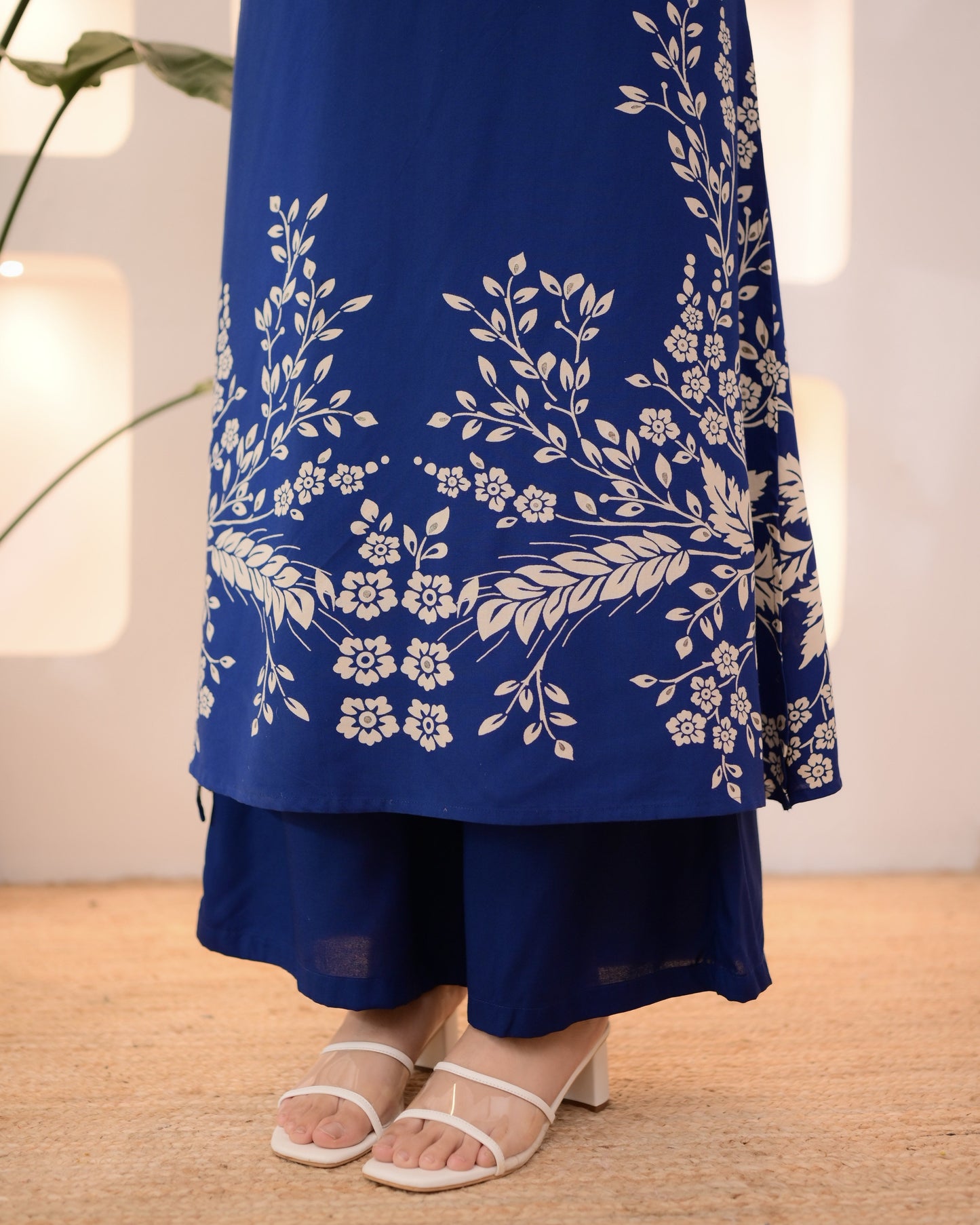 Morocco Blue Petals Cotton A Line Kurta Palazzo Set