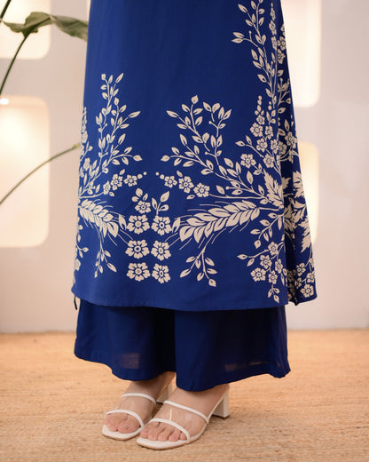 Morocco Blue Petals Cotton A Line Kurta Palazzo Set
