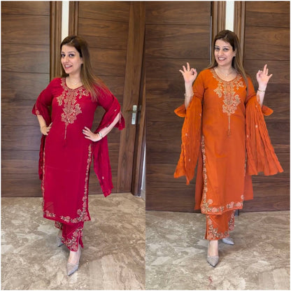 Aarisha Floral Embroidered Straight Kurta Palazzo Set with Dupatta