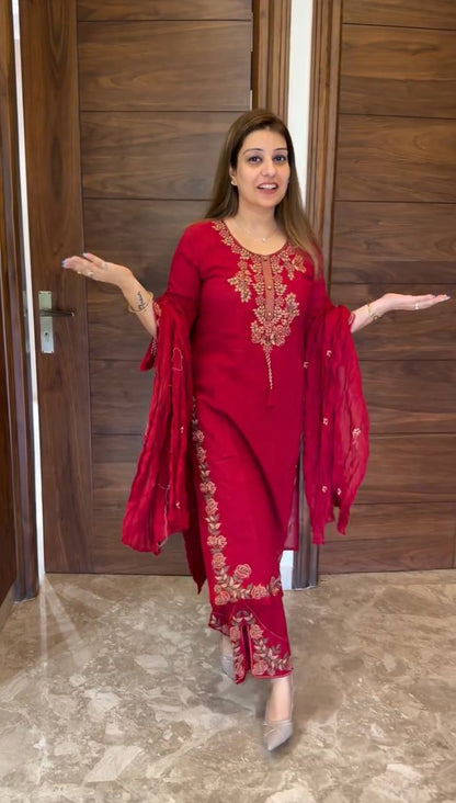 Aarisha Floral Embroidered Straight Kurta Palazzo Set with Dupatta