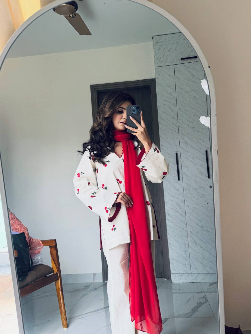 Aaira Cherry Bloom Printed Kurta Pant Set with Contrast Dupatta