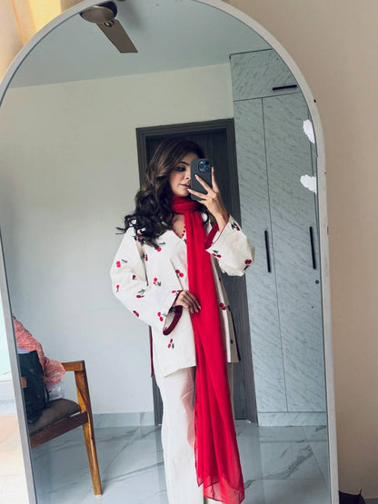 Aaira Cherry Bloom Printed Kurta Pant Set with Contrast Dupatta