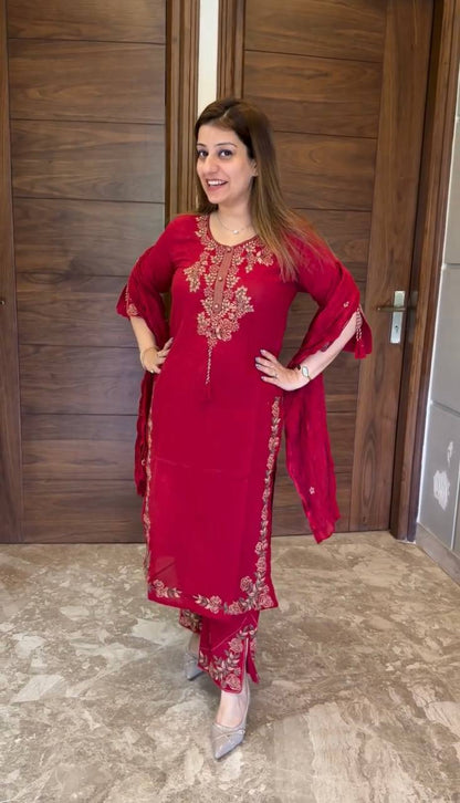 Aarisha Floral Embroidered Straight Kurta Palazzo Set with Dupatta