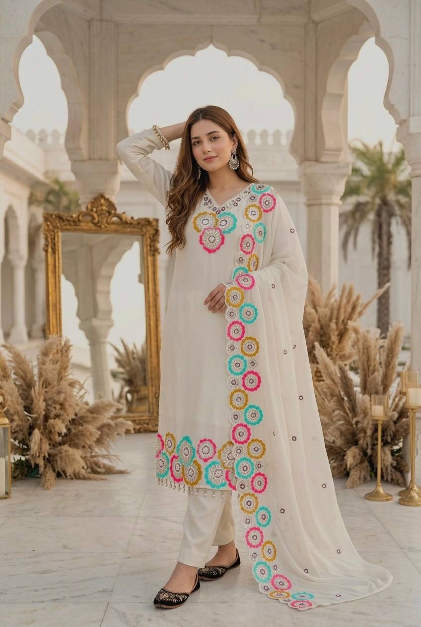 Meher Multicolor Floral Embroidered Kurta Pant Set with Dupatta