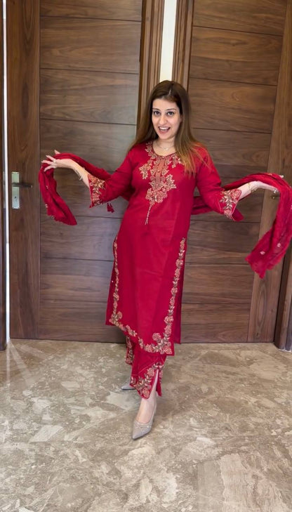 Aarisha Floral Embroidered Straight Kurta Palazzo Set with Dupatta