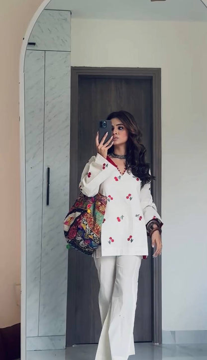 Aaira Cherry Bloom Printed Kurta Pant Set with Contrast Dupatta