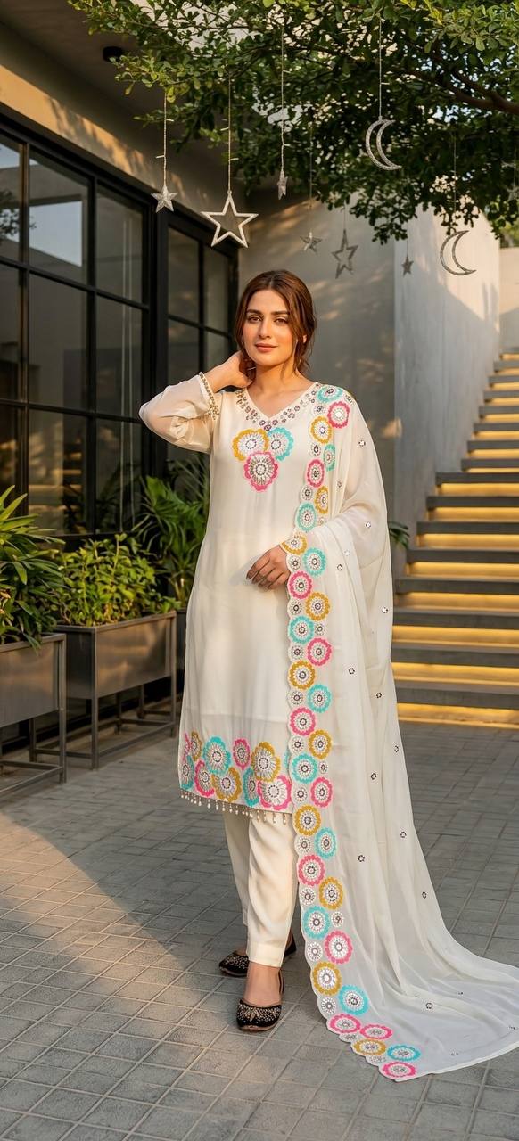 Meher Multicolor Floral Embroidered Kurta Pant Set with Dupatta