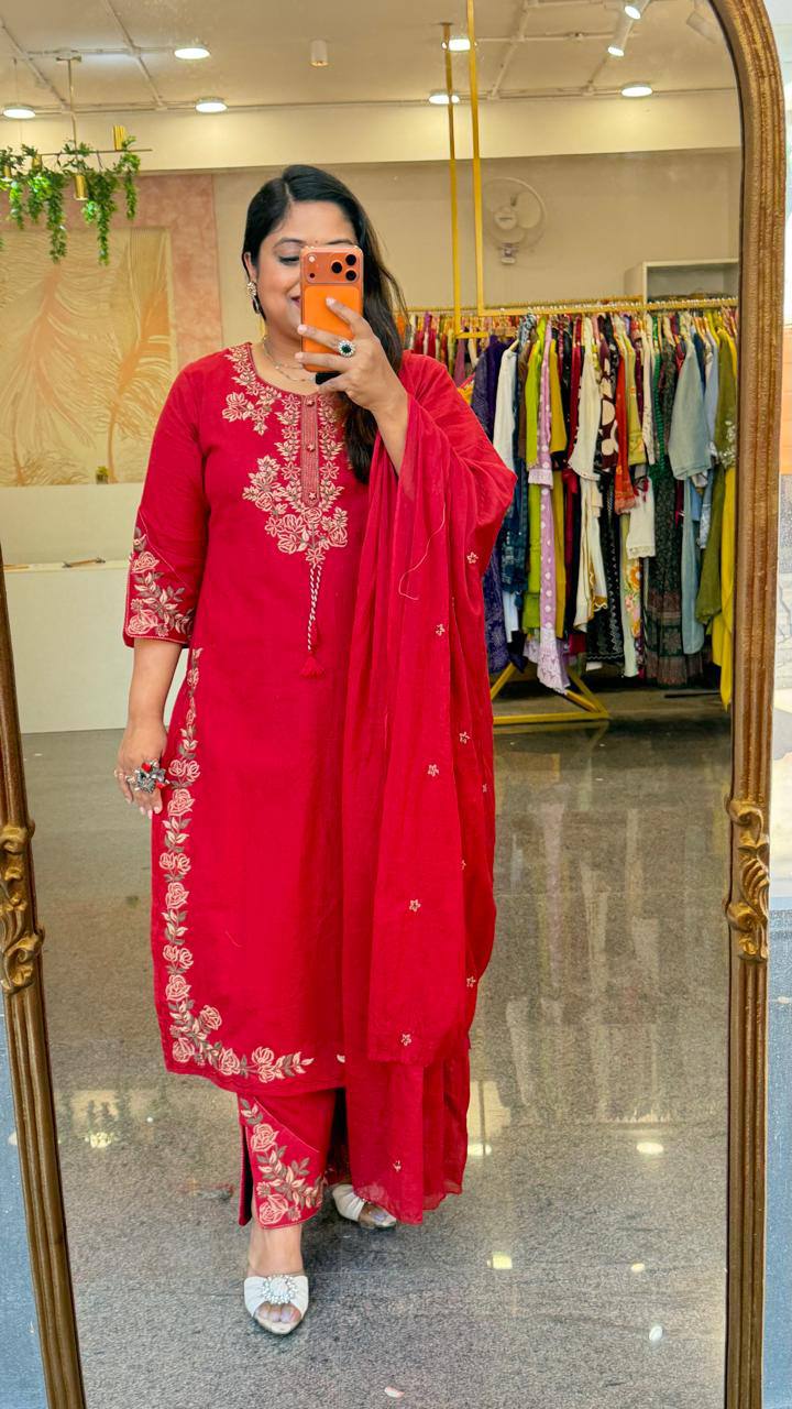 Aarisha Floral Embroidered Straight Kurta Palazzo Set with Dupatta