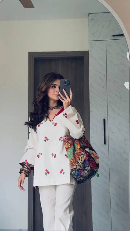 Aaira Cherry Bloom Printed Kurta Pant Set with Contrast Dupatta