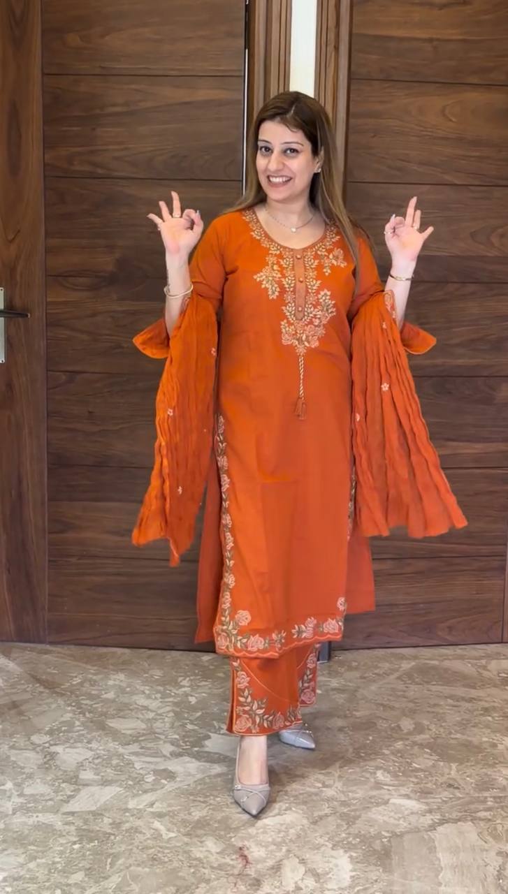 Aarisha Floral Embroidered Straight Kurta Palazzo Set with Dupatta