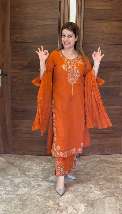 Aarisha Floral Embroidered Straight Kurta Palazzo Set with Dupatta