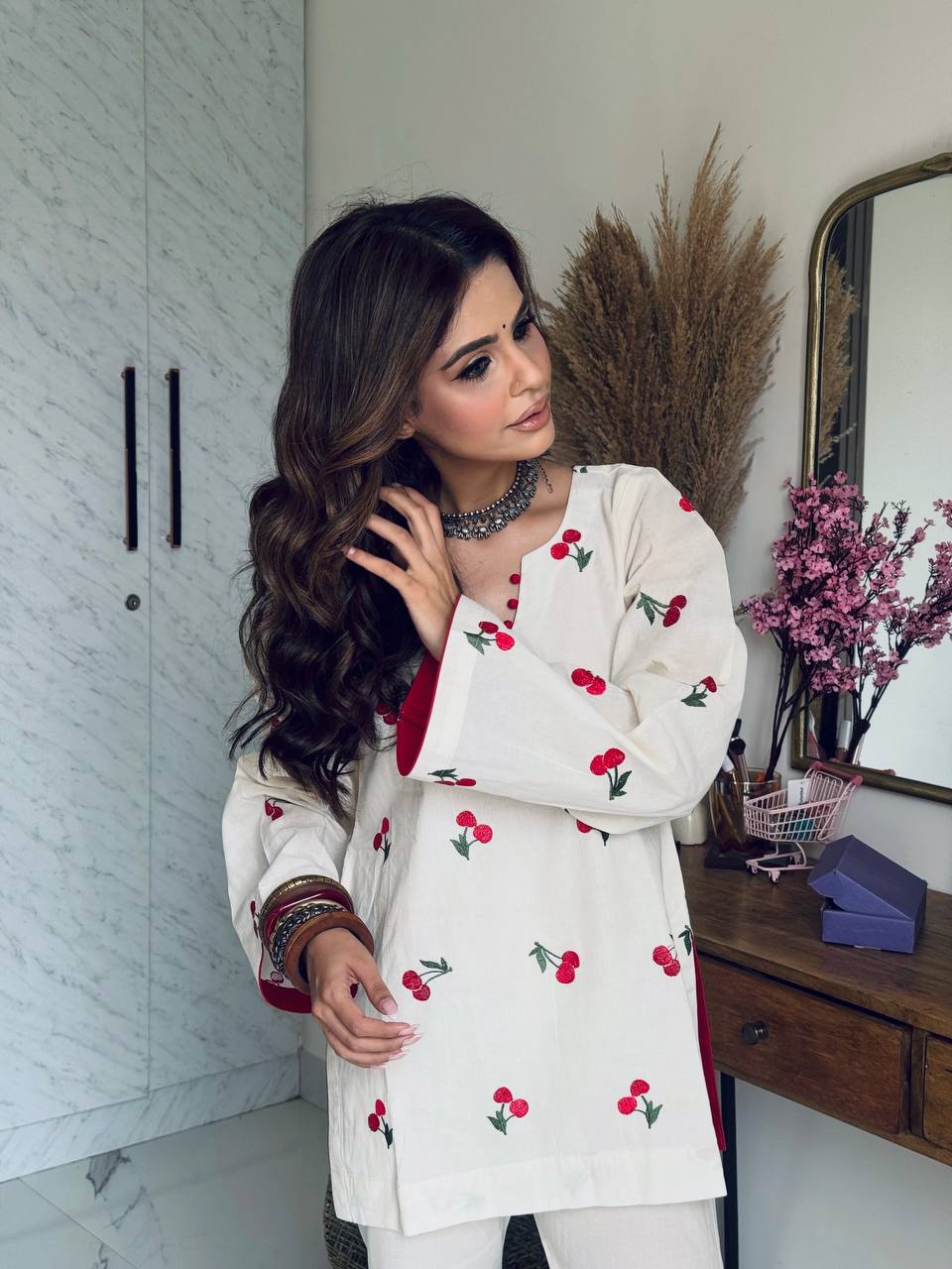 Aaira Cherry Bloom Printed Kurta Pant Set with Contrast Dupatta