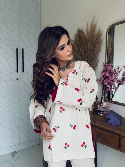 Aaira Cherry Bloom Printed Kurta Pant Set with Contrast Dupatta