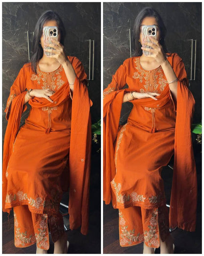 Aarisha Floral Embroidered Straight Kurta Palazzo Set with Dupatta