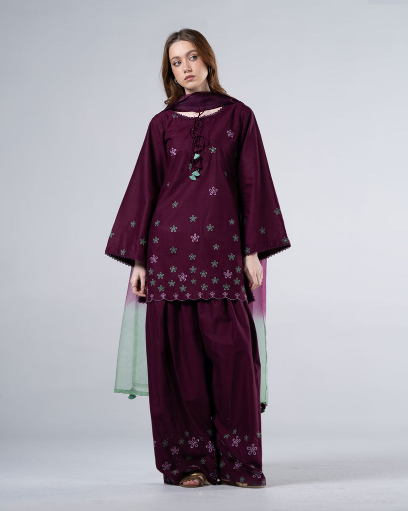 Aadhya  Plum Blossom Embroidered Kurta Palazzo Set with Ombre Dupatta