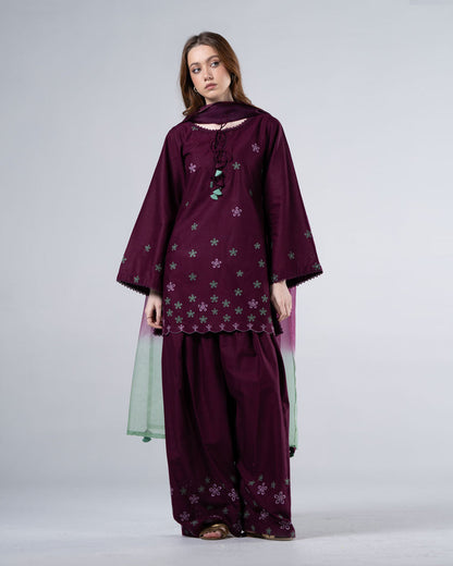 Aadhya  Plum Blossom Embroidered Kurta Palazzo Set with Ombre Dupatta