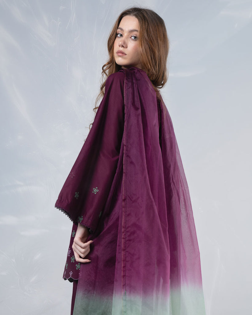 Aadhya  Plum Blossom Embroidered Kurta Palazzo Set with Ombre Dupatta