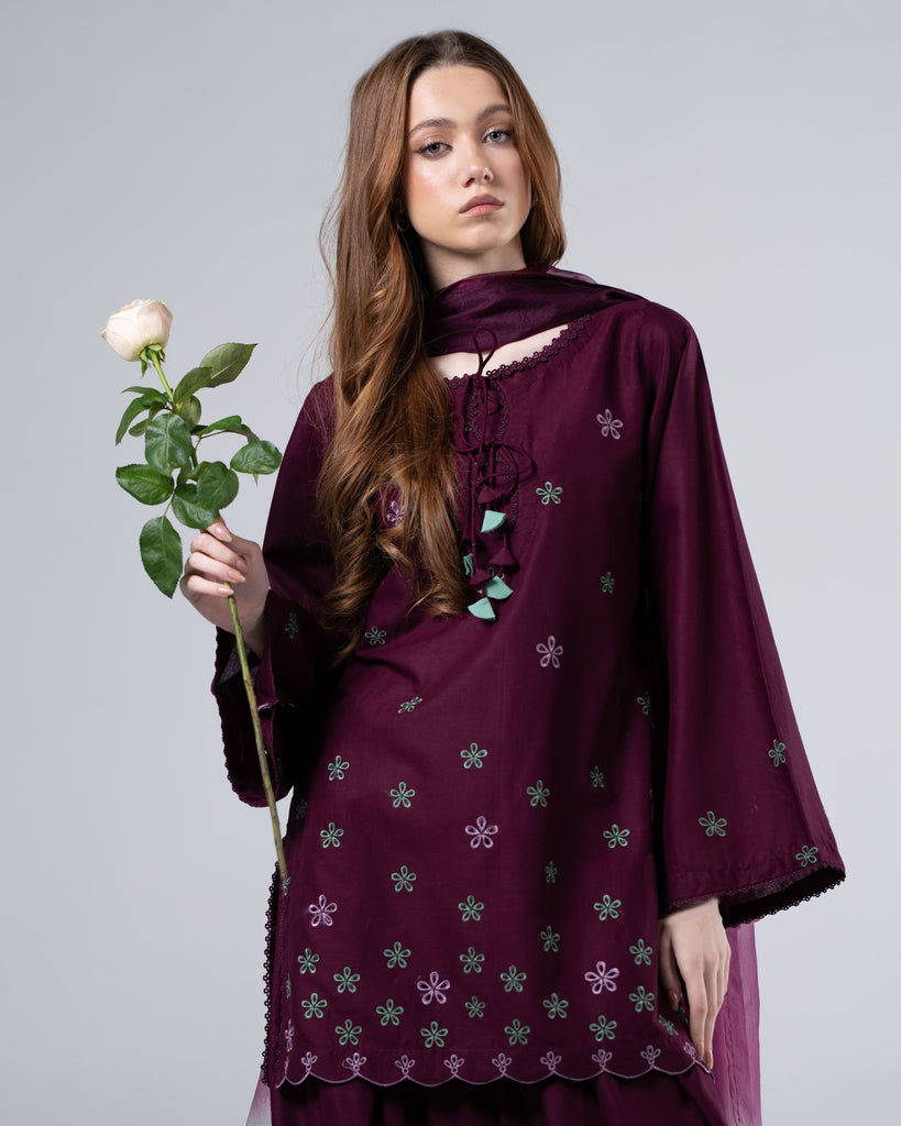 Aadhya  Plum Blossom Embroidered Kurta Palazzo Set with Ombre Dupatta