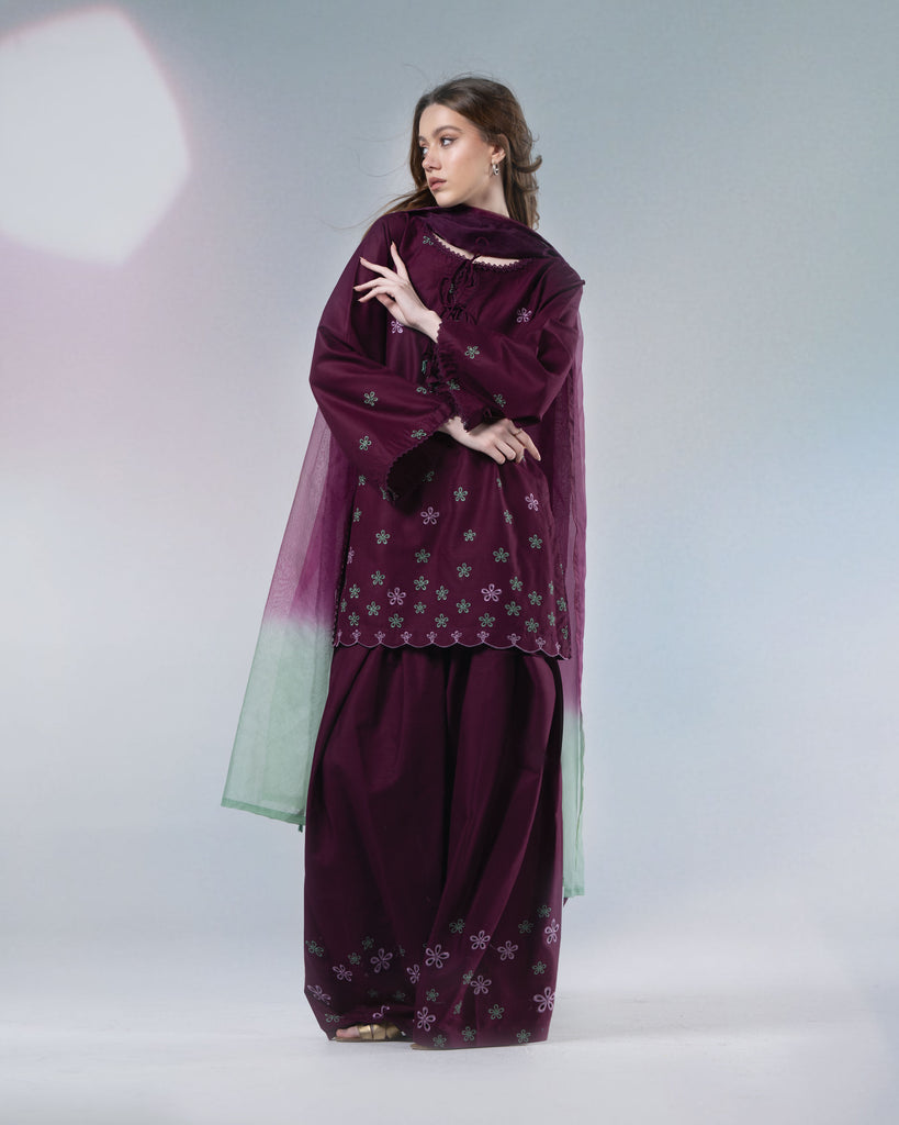 Aadhya  Plum Blossom Embroidered Kurta Palazzo Set with Ombre Dupatta