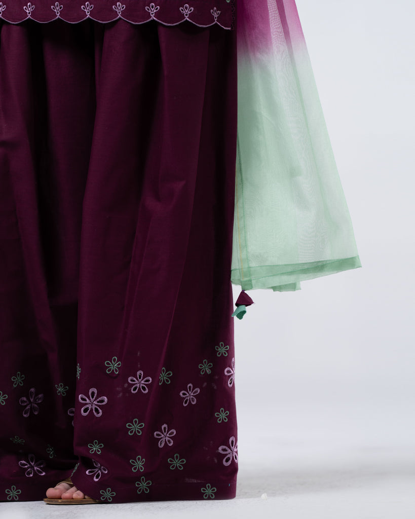 Aadhya  Plum Blossom Embroidered Kurta Palazzo Set with Ombre Dupatta