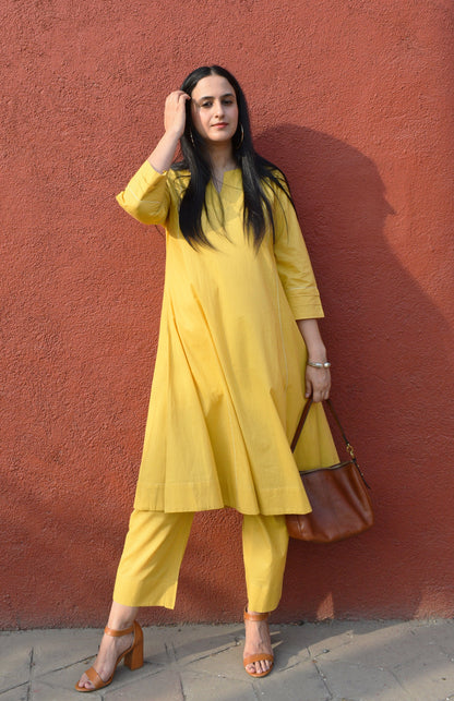 Yellow A line Cotton Kurta with Panels and yellow pajama